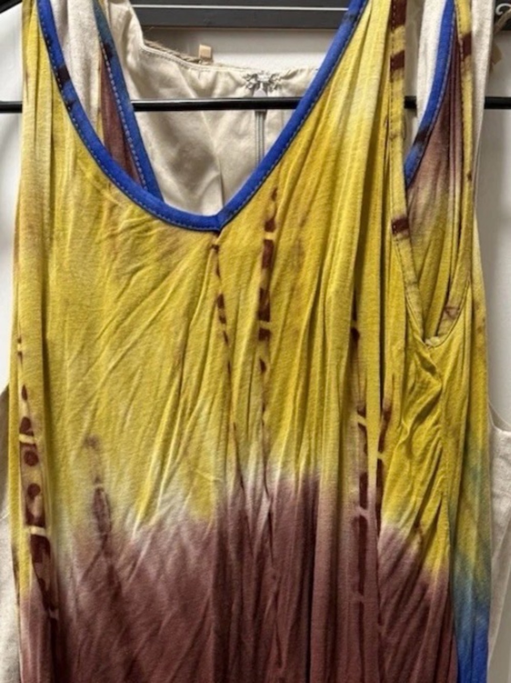 white birch Yellow and Brown Tie-Dye Tank Top with Blue Trim